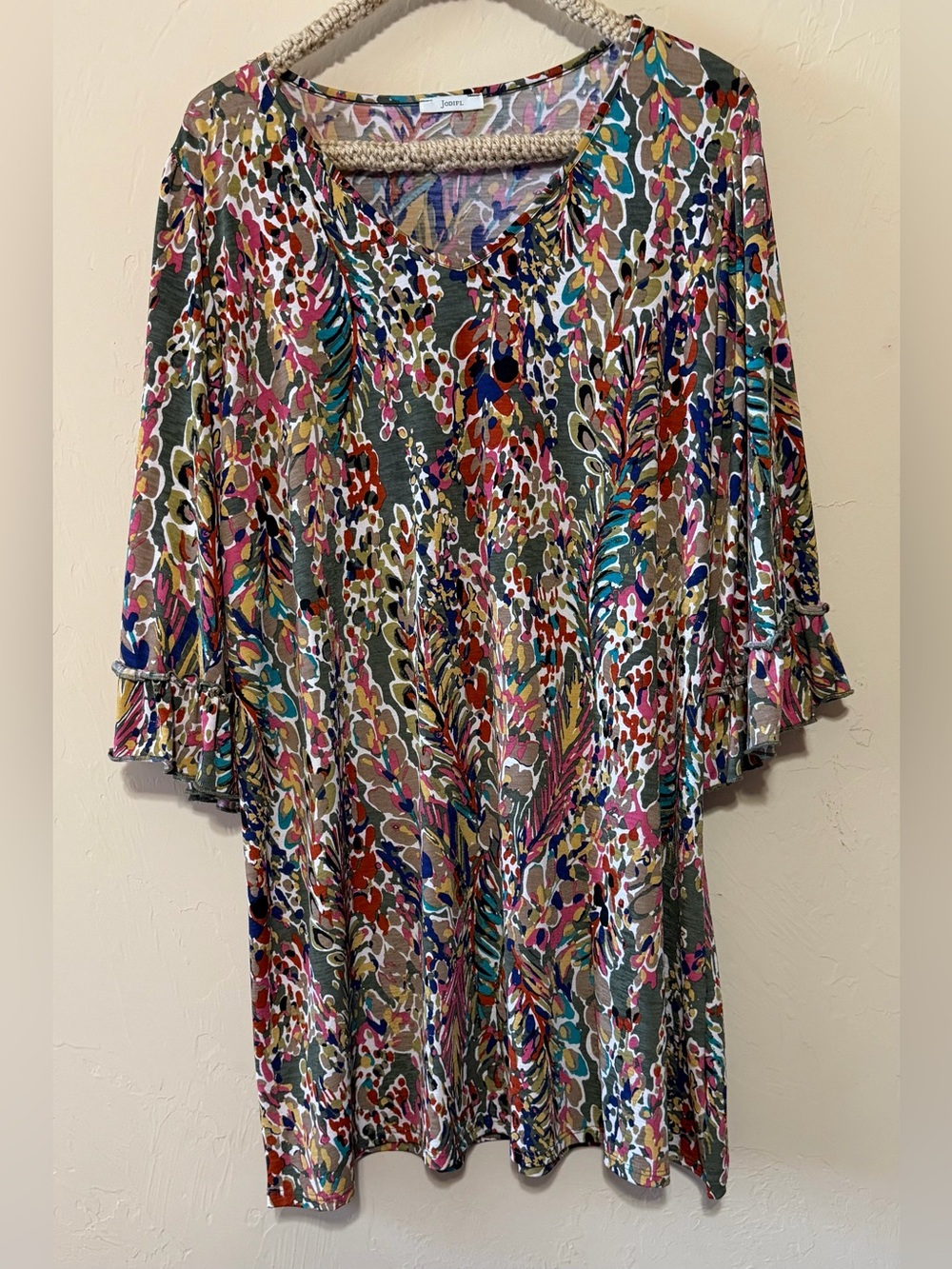 JODIFL Olive Floral-Print Midi Tunic with Pink & Teal & Gold Highlights